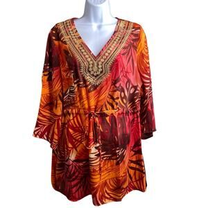 TravelSmith Womens Orange Tropical Tunic Top Size M White Lotus Vibes Artsy Boho